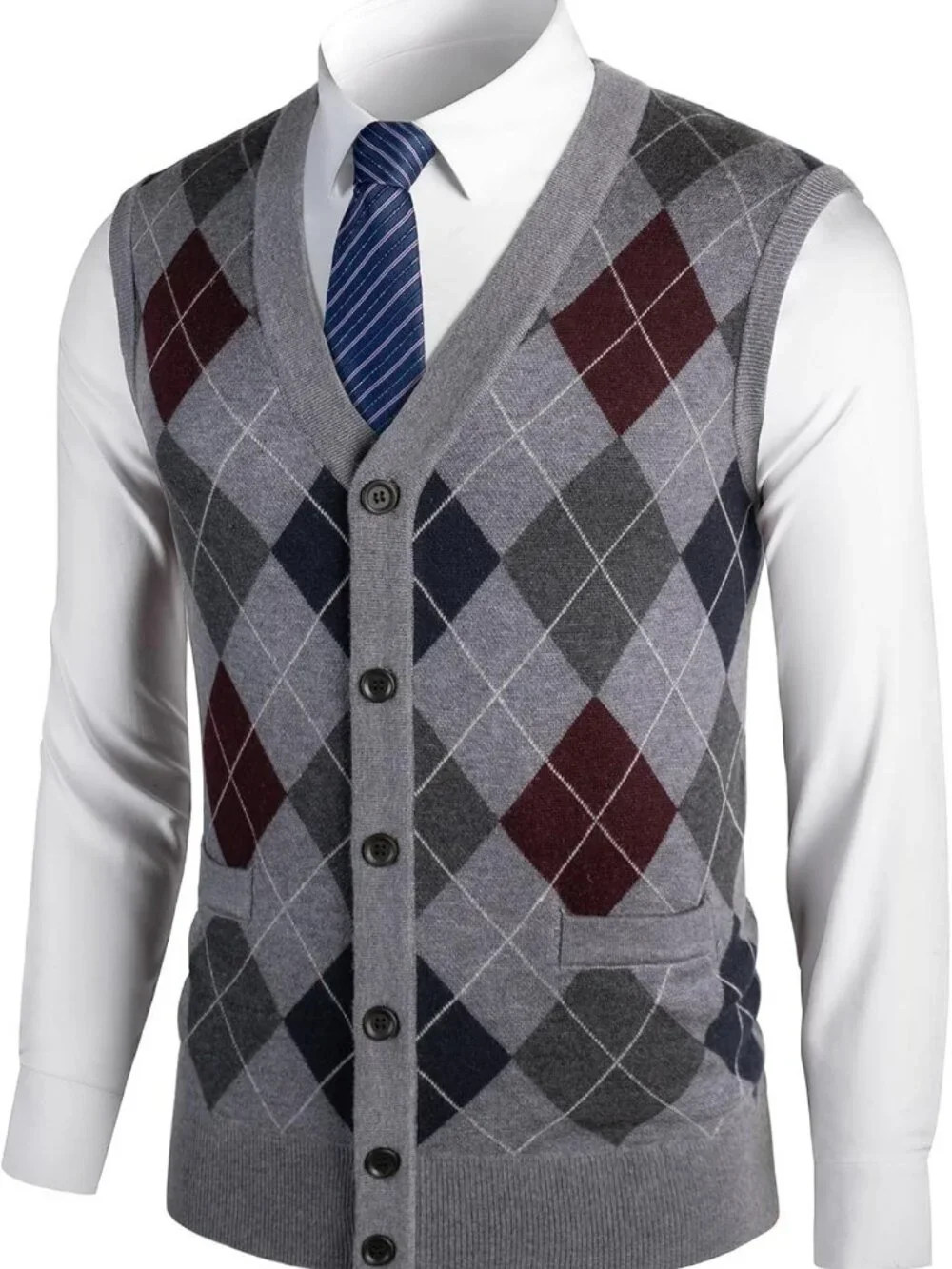 Men's Thick Argyle Sweater Vest - Classic V-Neck Knit Pullover for Fall/Winter